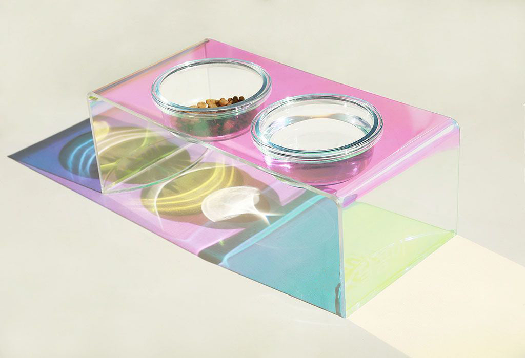 AdoraPet PrismBowl™ – Holographic Acrylic Pet Feeder with Glass Bowl
