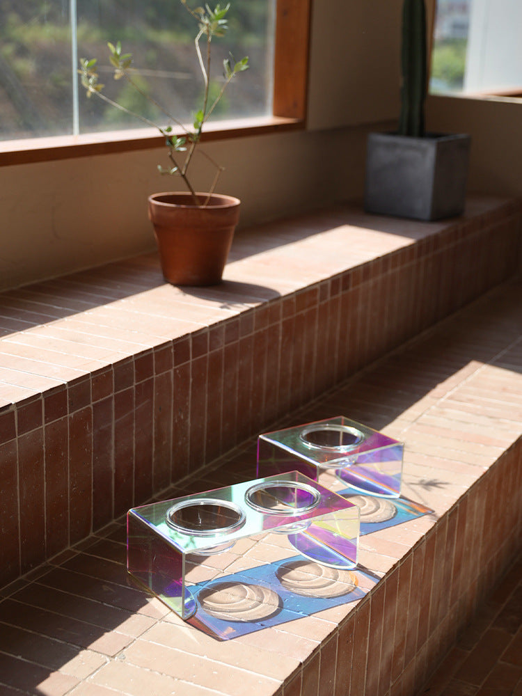 AdoraPet PrismBowl™ – Holographic Acrylic Pet Feeder with Glass Bowl