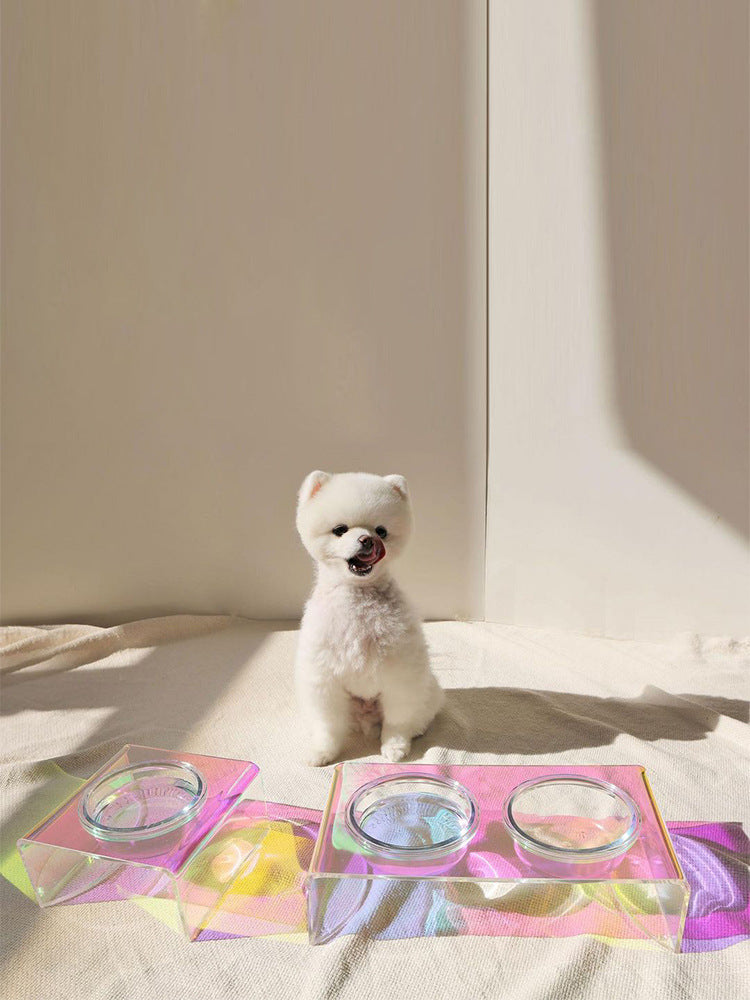 AdoraPet PrismBowl™ – Holographic Acrylic Pet Feeder with Glass Bowl