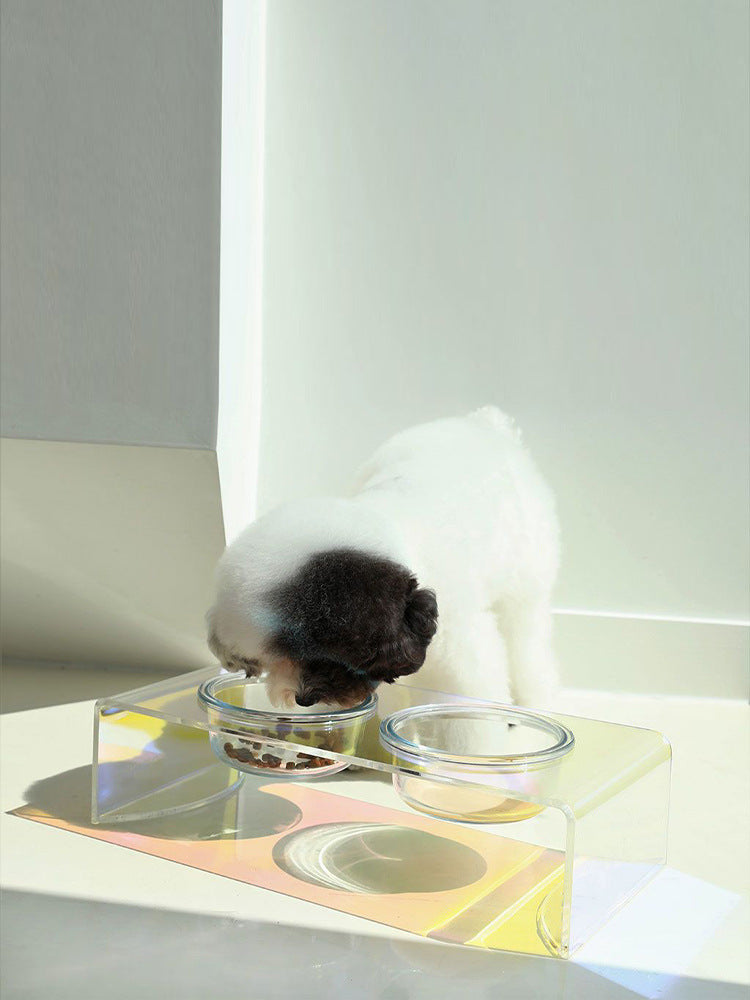 AdoraPet PrismBowl™ – Holographic Acrylic Pet Feeder with Glass Bowl